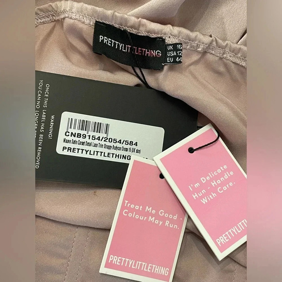 Pretty Little Thing MAUVE SATIN CORSET DETAIL LACE TRIM STRAPPY BODYCON DRESS - Picture 11 of 15